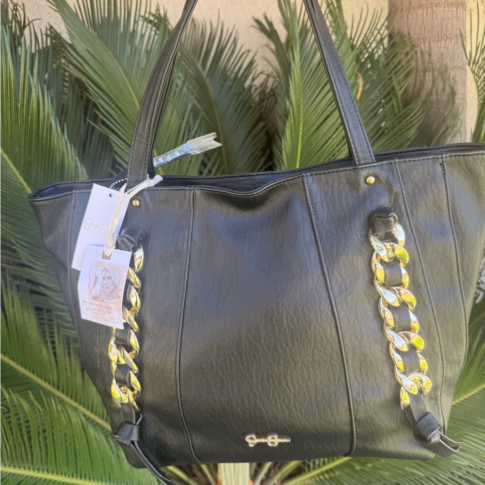 Black faux Leather Tote Bag with Gold Chain by Jessica Simpson